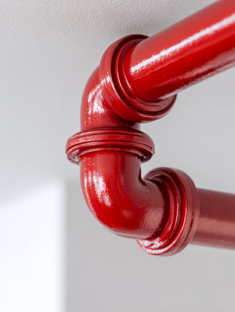 A vibrant red metal conduit curves through a clean white ceiling, highlighting industrial craftsmanship and purposeful design for safety or water supply infrastructureの写真素材