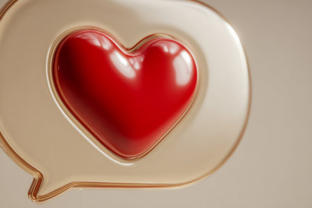 A vibrant red heart inside a clear, rounded dialogue box conveys warmth and connection, set against a gentle beige backdrop with sleek, minimalist style.の写真素材