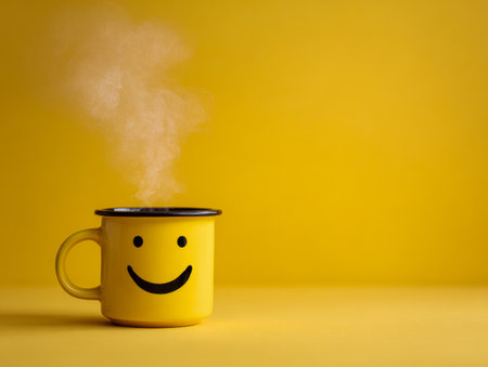 A joyful yellow mug with a friendly, smiling expression holds a steaming drink, radiating warmth and sunshine against a vibrant yellow backdrop to boost happiness.の写真素材