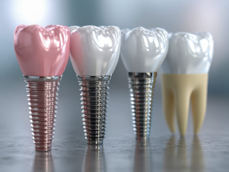 A precise arrangement showing different dental implant materials alongside a natural tooth model,...