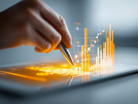 A focused hand manipulates sleek digital visualizations on a tablet, highlighting innovative data...