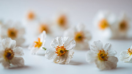 A graceful arrangement of petite white blooms featuring vibrant yellow and orange centers, resting gently on a smooth white background, evoking calmness and sophistiの写真素材