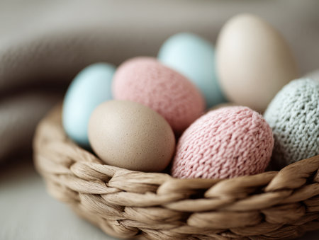 A charming handwoven basket cradles a collection of delicate, soft-hued eggs, accented by cozy knitted wraps, evoking a gentle, inviting springtime ambiance.の写真素材