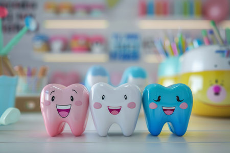 Joyful dental cartoon characters in scene for dental care concept and oral health promotion