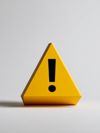 A vibrant yellow triangular shape with a prominent black symbol indicating alertness, set against a subtle neutral backdrop with gentle shadowing for emphasis.の写真素材