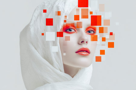 A visionary digital portrait featuring a woman cloaked in flowing white material, striking crimson accents, and pixelated elements merging seamlessly into a high-tecの写真素材