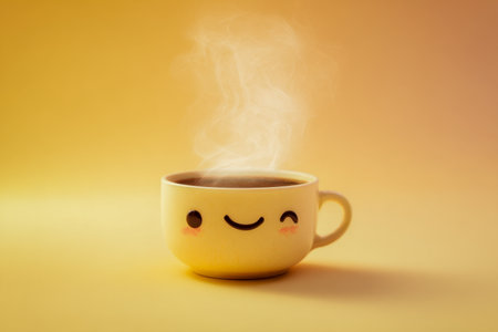 A delightful ceramic mug featuring a cheerful face, steaming coffee inside, set against a gentle yellow backdrop to evoke warmth and comfort.の写真素材
