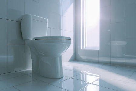 A contemporary bathroom bathed in sunlight, featuring a minimalist white ceramic toilet set against glossy tiled surfaces that enhances its clean, airy atmosphere.の写真素材