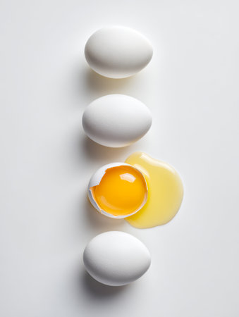 Four pristine eggs sit aligned against a pure white backdrop, with one mid-split revealing a vibrant yolk and glistening whites cascading outward.の写真素材