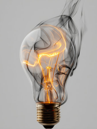 A glowing filament flickers within an antique bulb, with swirling smoke-like designs on a neutral backdrop, evoking ideas of inspiration and inventive energy.の写真素材