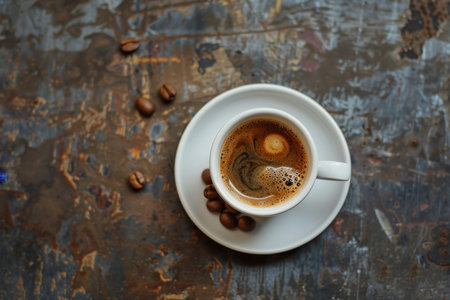 High-quality espresso coffee cup with fresh roasted beans on vintage wooden tableの写真素材