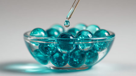 A luminous collection of cobalt-hued gel spheres rests in a clear glass dish, as a slender pipette...