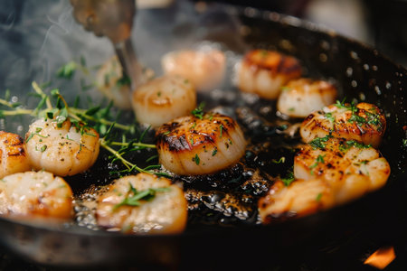 Gourmet chef cooking grilled scallops in butter lemon or cajun sauce with herbs and garnishの写真素材