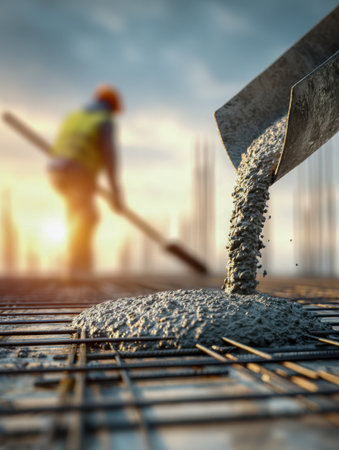 A worker skillfully levels wet cement over steel rebars as a warm sunset glow illuminates the active construction zone, capturing a moment of progress and craftsmansの写真素材