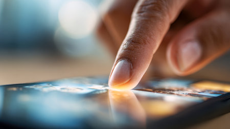 A close-up of a hand gently swiping on a smartphone, with ambient glow illuminating the screen and creating a serene, tech-savvy atmosphere.の写真素材