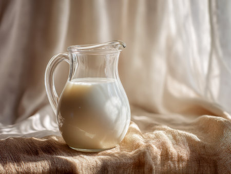 A clear glass pitcher brimming with rich, fresh milk rests gently on plush fabric, illuminated by gentle sunlight that evokes a warm, inviting, and peaceful ambianceの写真素材