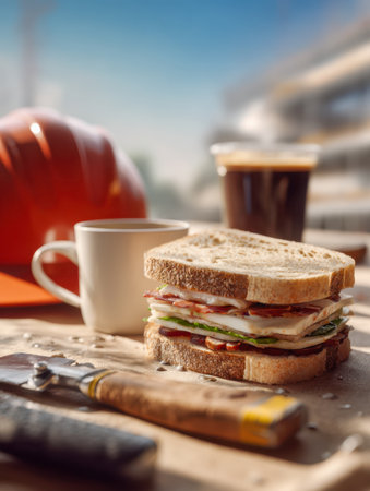 A robust sandwich stacked with savory deli slices and crisp greens, accompanied by a steaming cup of coffee and a safety helmet, all arranged on a worktable amid asの写真素材