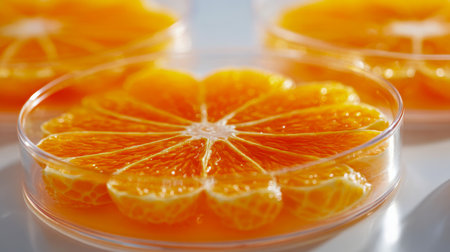 Juicy orange segments neatly placed within a transparent container, their vivid hues and textured surfaces highlighted by gentle reflections in a pristine, well-litの写真素材
