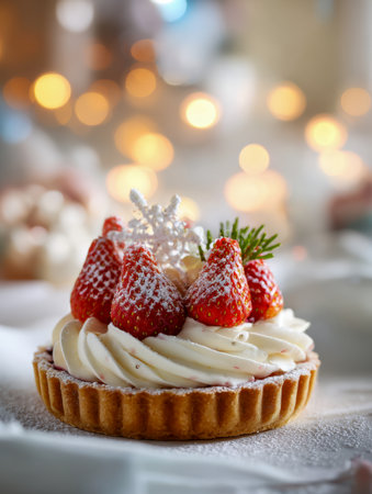 A delightful holiday treat featuring a vibrant strawberry tart topped with fluffy whipped cream and intricate snowflake-shaped decoration, set against a soft glow ofの写真素材