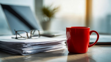 A cozy morning scene featuring a vibrant crimson mug resting on textured wood, beside neatly stacked documents, a pair of glasses, and a softly blurred laptop, all bathedの写真素材