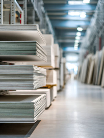 Brightly lit warehouse showcases orderly rows of sizable white panels stacked on sturdy shelving, highlighting a clean, organized space ready for building projects.の写真素材