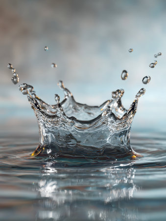 A vivid water explosion intricate forms crown structures and shimmering droplets that mirror gentle blue and gray tones, captured in sharp detail on a polished surface.の写真素材