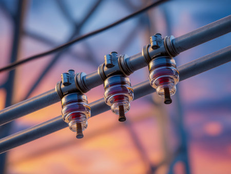A row of durable ceramic insulators stretching along metallic support beams, silhouetted against a...