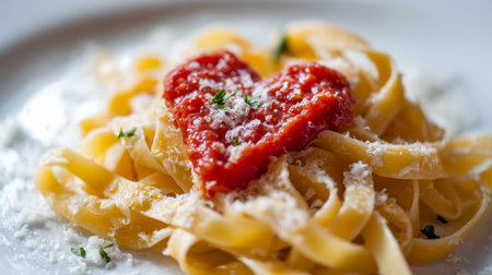 A romantic presentation features creamy fettuccine adorned with a vibrant heart-shaped sauce, sprinkled with cheese and fresh herbs on a pristine white dish.の写真素材