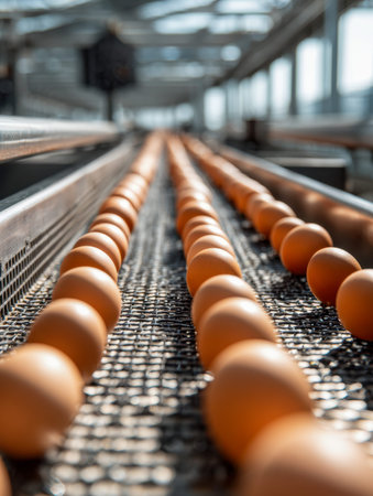 Uniform brown eggs line a sleek steel belt under soft natural light, highlighting the precision and...