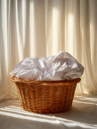 A cozy scene featuring bright, clean linens basking in gentle sunlight, set against light beige curtains that evoke a welcoming and serene home ambience.の写真素材