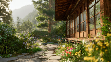 A peaceful walkway weaving through a vibrant bloom-filled setting, adjacent to a classic wooden cottage amid abundant foliage and gentle hilltop sunlight.の写真素材