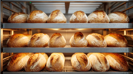 Golden loaves rest meticulously on sturdy metal shelving, radiating freshness and craftsmanship under soft, inviting illumination in a bustling bakery setting.の写真素材