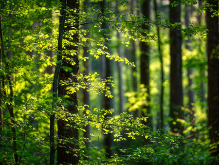 Gentle rays of sunlight dance through dense emerald leaves, illuminating the tranquil woodland and highlighting the vivid vibrancy of spring's renewal.の写真素材
