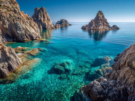 Sunlit azure sea meets jagged cliffs, creating a tranquil scene of untouched wilderness and vibrant colors that inspire and appreciate for nature's artistry.の写真素材