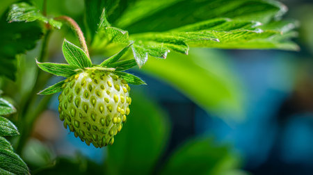A fresh, immature green strawberry dangles amid lush green foliage, set against a blurred garden scene that highlights natural vibrancy and daytime serenity.の写真素材