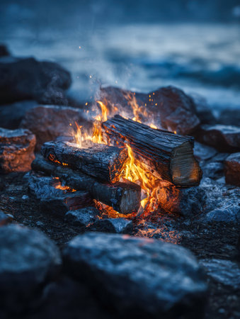 A crackling fire radiates amber and fiery hues, nestled among polished stones beside a serene lake under a crisp evening sky, evoking cozy tranquility.の写真素材