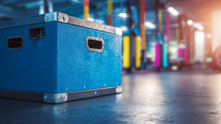 A sturdy blue jumping box stands amid vibrant gym gear, illuminated by gentle sunlight streaming through sleek windows, creating an inviting workout atmosphere.の写真素材
