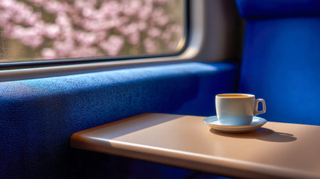 Gentle morning light filters through the window, illuminating a warm beverage on a rustic train table, with vibrant spring blooms softly fading in the background.の写真素材