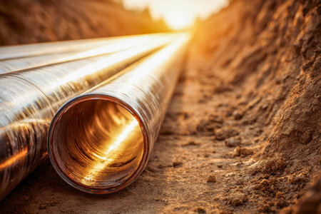 During sunset, gleaming metal pipes rest on uneven earth, their reflective surfaces capturing golden hues, hinting at an imminent industrial assembly under a warm sky.の写真素材