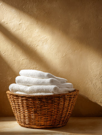 Sunlit, plush white linens are carefully stacked in a handcrafted basket, casting a gentle glow that enhances the rustic charm of the textured beige backdrop.の写真素材