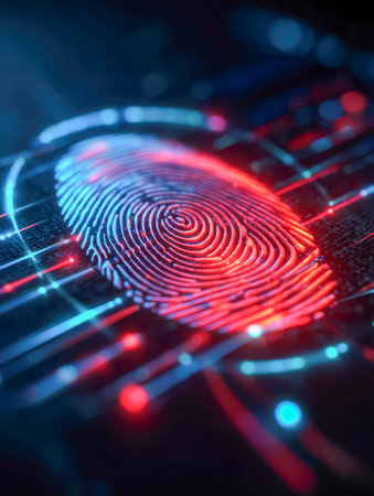 A sleek, high-tech interface showcases a glowing digital fingerprint illuminated by vibrant neon...