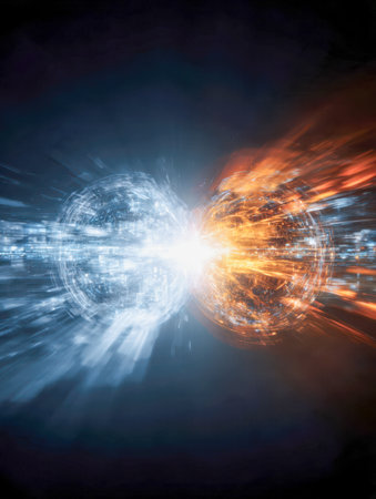 Two glowing digital orbs collide amid a dark, sleek high-tech setting, unleashing vibrant blue and orange energy streams that illuminate the scene with explosive intの写真素材