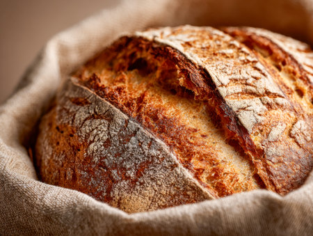 A warm, crusty loaf with a rich golden hue lies nestled in soft, neutral linen, evoking a welcoming...