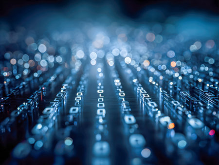 A luminous display of streaming data and intricate circuitry emerges in a serene blue ambiance,...