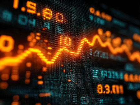 Dynamic digital chart with luminous orange lines and precise numeric indicators against a sleek...