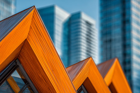 Bold orange wooden rooftops with pointed angles stand out against a background of sleek glass towers, capturing urban contrast beneath a bright azure sky.の写真素材
