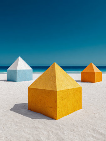 Vibrant abstract sculptures with sharp pyramid peaks line the pristine white shore, illuminating a lively contrast against the clear azure sky and shimmering sea.の写真素材