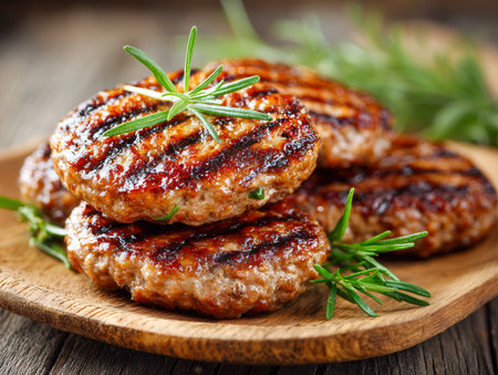Succulent, perfectly grilled beef patties infused with aromatic rosemary, presented on a rustic wooden tray, evoking a cozy outdoor barbecue vibe.の写真素材