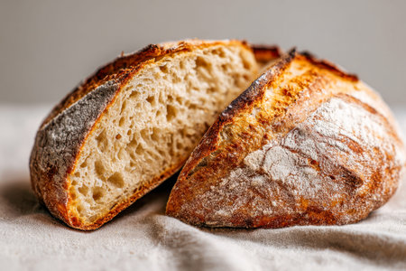 Warm, freshly baked bread with a crispy golden exterior and tender interior, sliced and resting on a...