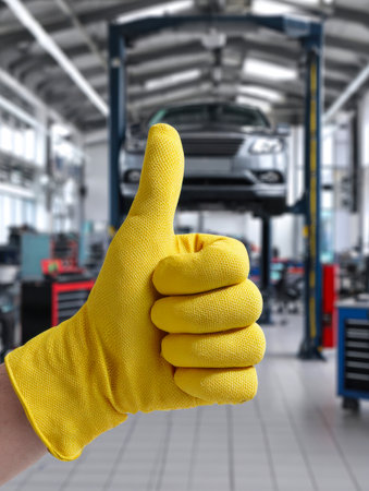 A confident mechanic in a lively workshop displays a thumbs-up gesture, with a lifted vehicle and organized tools creating an atmosphere of skilled craftsmanship.の写真素材